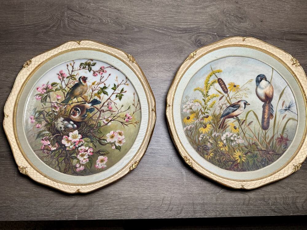 Vintage Hand Painted Bird Botanical Art Pair Framed Gold 13" Cottagecore